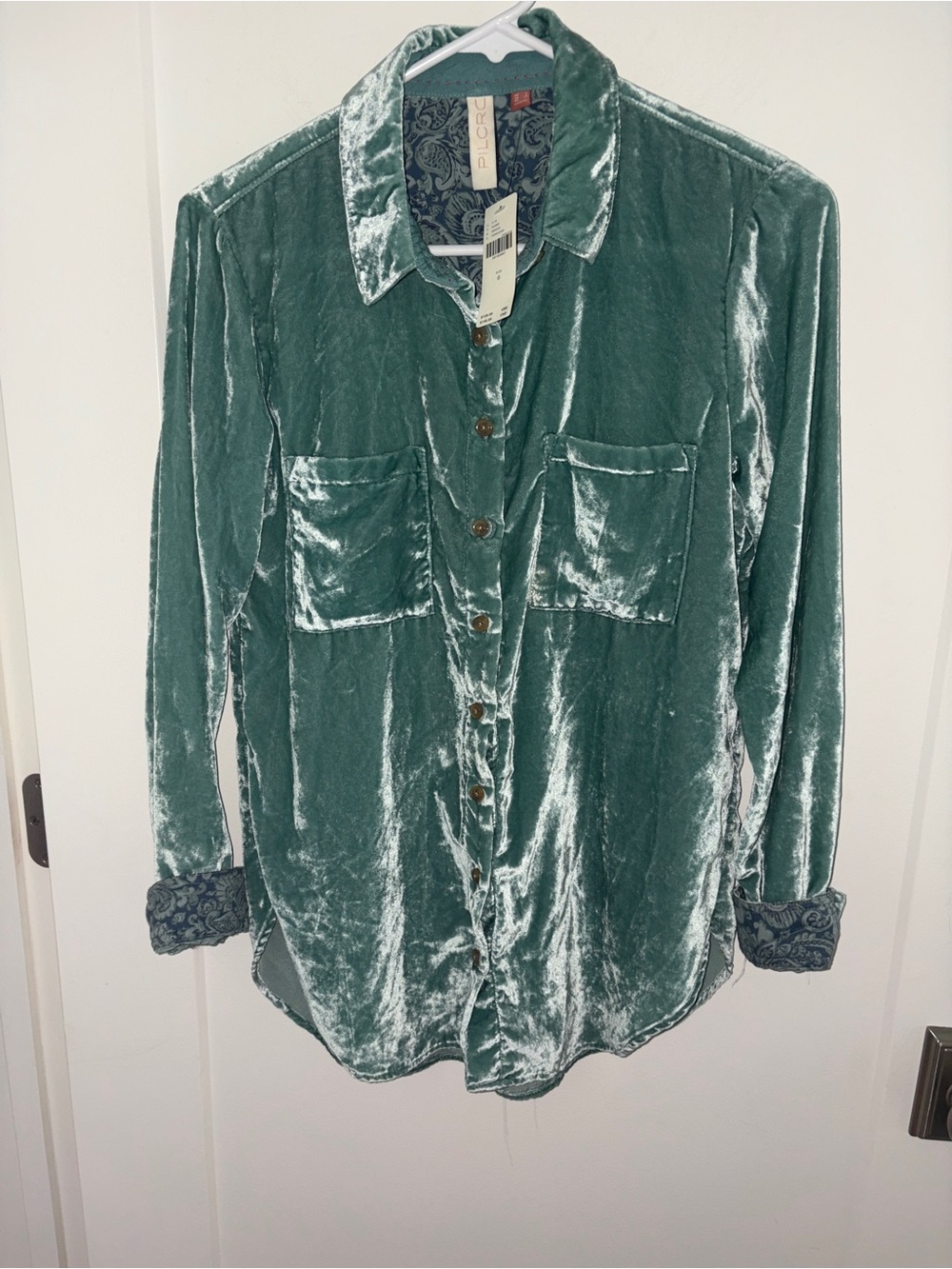 NWT $128 Pilcro Anthropologie Mara crushed velvet blouse sz 0 Turquoise